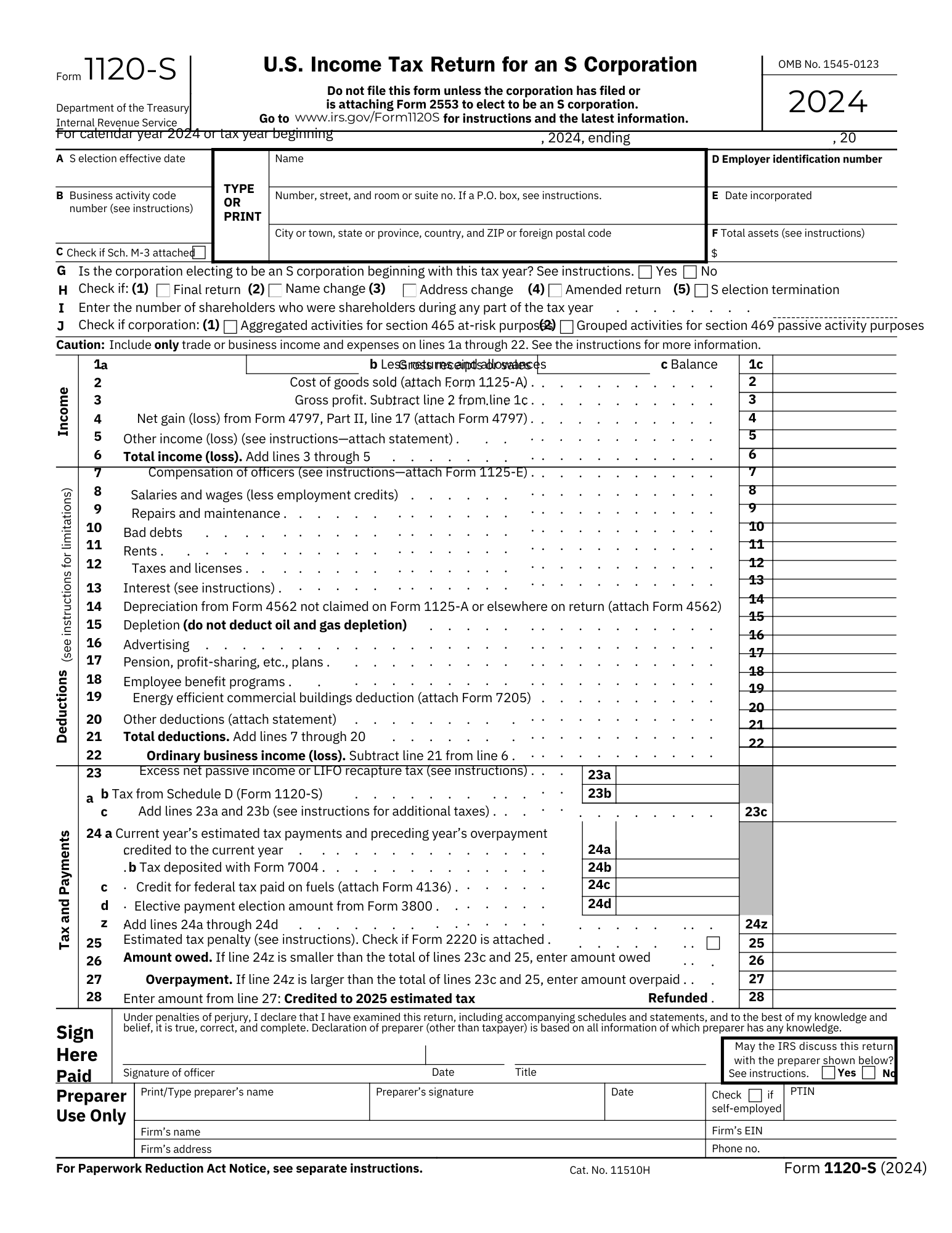 Form S U S Income Tax Return For An S Corporation Pdf