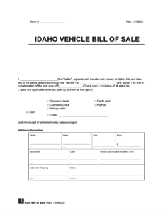 Free Idaho Motor Vehicle Bill Of Sale Form Legal Templates