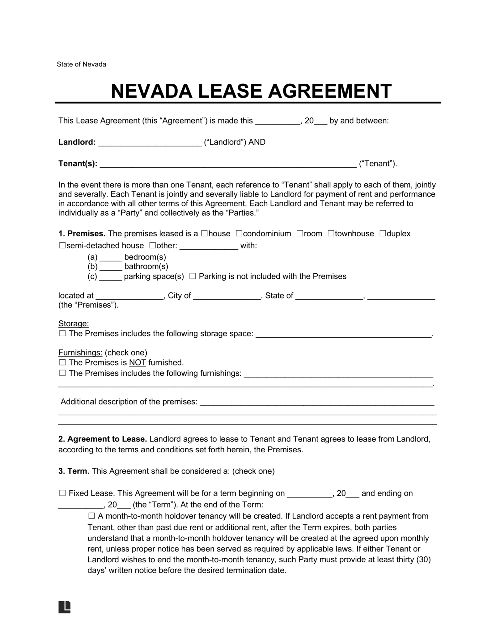 Free Nevada Standard Lease Agreement Template Pdf Word