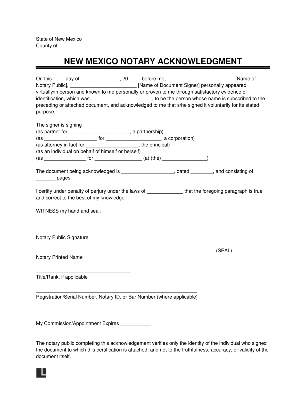 Free New Mexico Notary Acknowledgment Form PDF Word