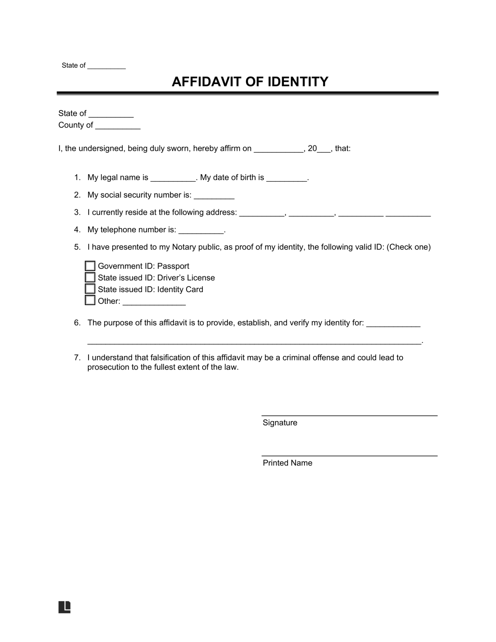 Free Affidavit Of Identity Form PDF Word