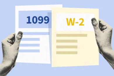 Hands holding a 1099 and a W2 form beside each other