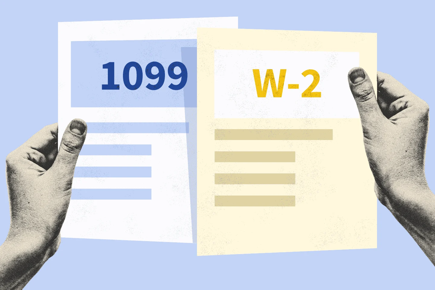 Hands holding a 1099 and a W2 form beside each other