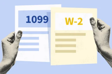 Hands holding tax forms labeled 1099 and W-2.