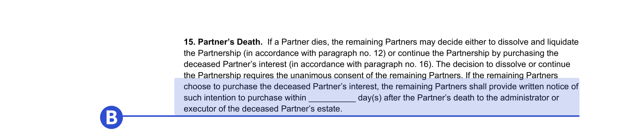 Where to include partner death details in our partnership agreement template.