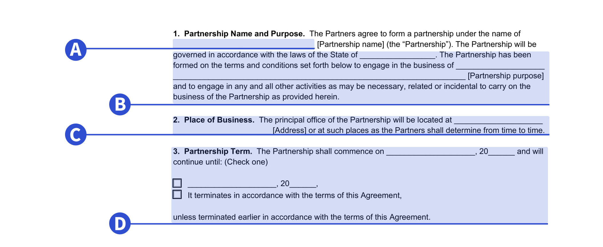 An example of where to include partnership details in our 50-50 partnership agreement template
