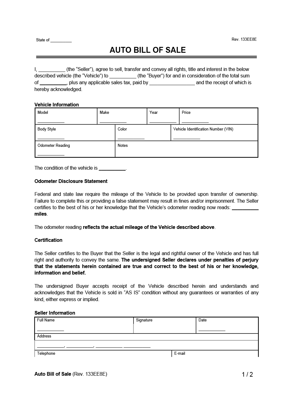 Free Motor Vehicle Bill of Sale Form [For a Car] PDF & Word