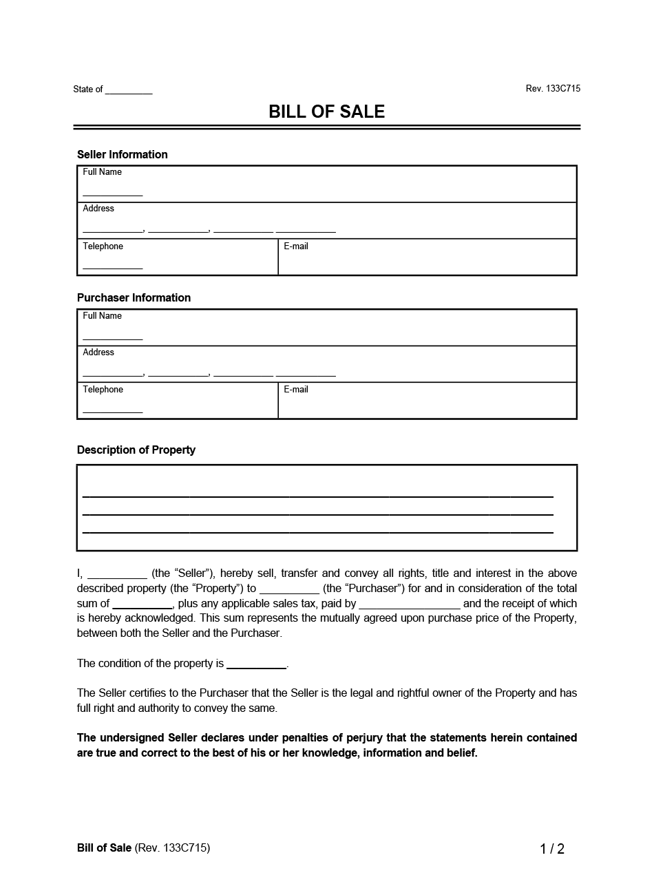 Bill of Sale Example Form
