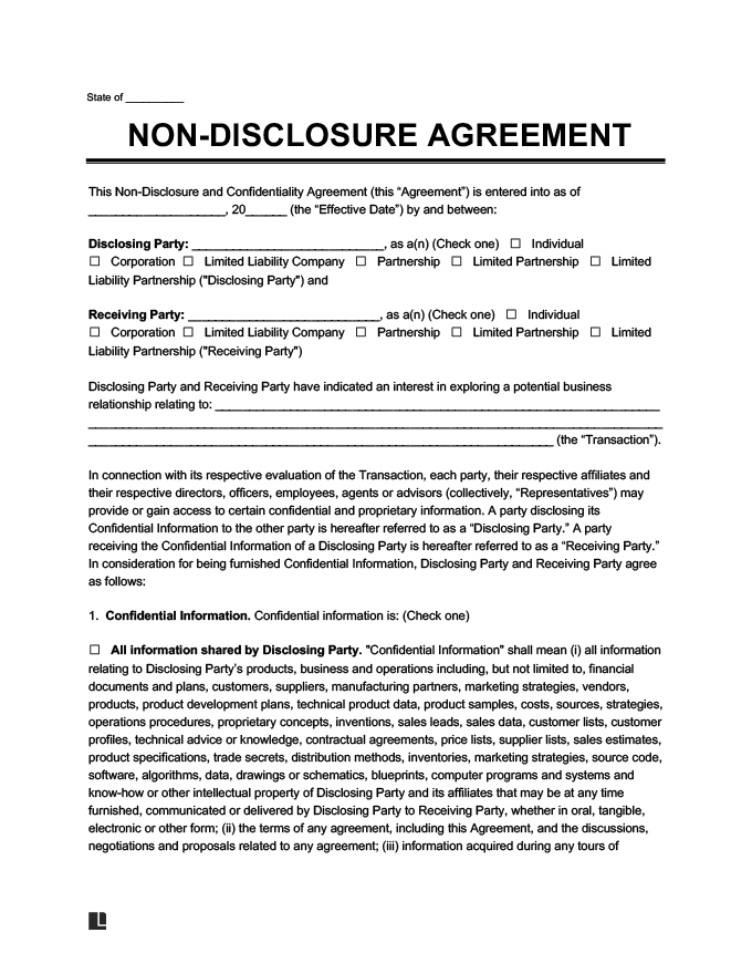 Non Disclosure Agreement NDA Free NDA Form Word PDF 