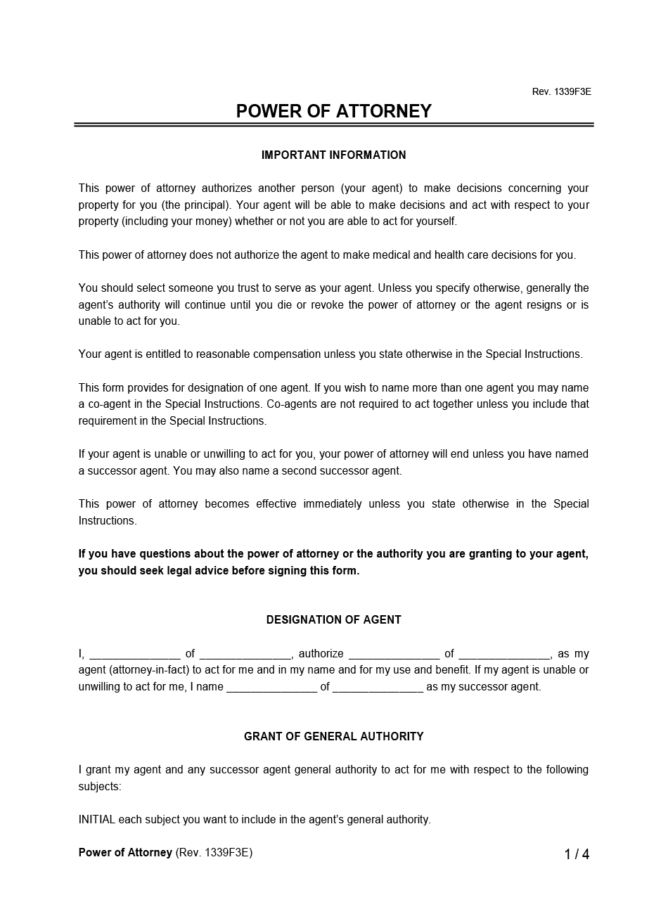 Power of Attorney (Financial) Default Example Form