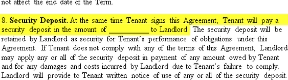 highlight security deposit section of a free lease template