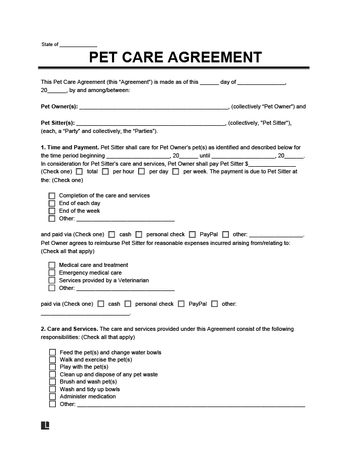 Pet Care Agreement Create a Free Pet Care Agreement Form