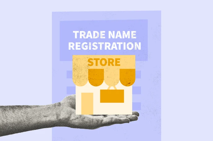 Person holding a model of a store to represent the process of completing trade name registration documents