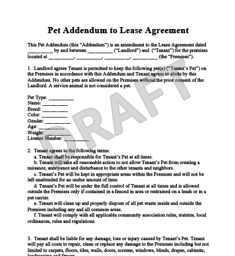 licence for cleaning services Addendum Legal Templates  Pet to Lease a  Agreement