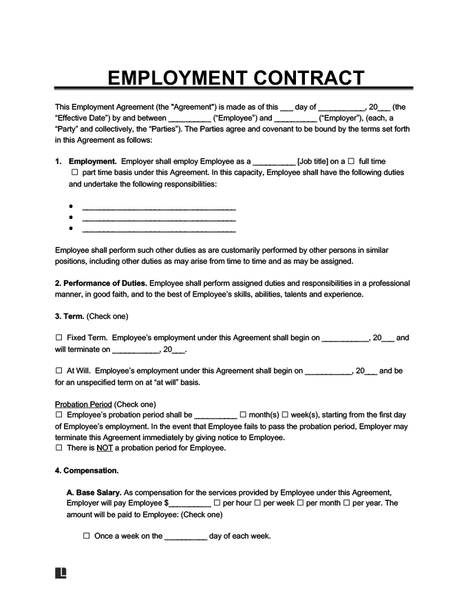 free employment contract standard employee agreement template