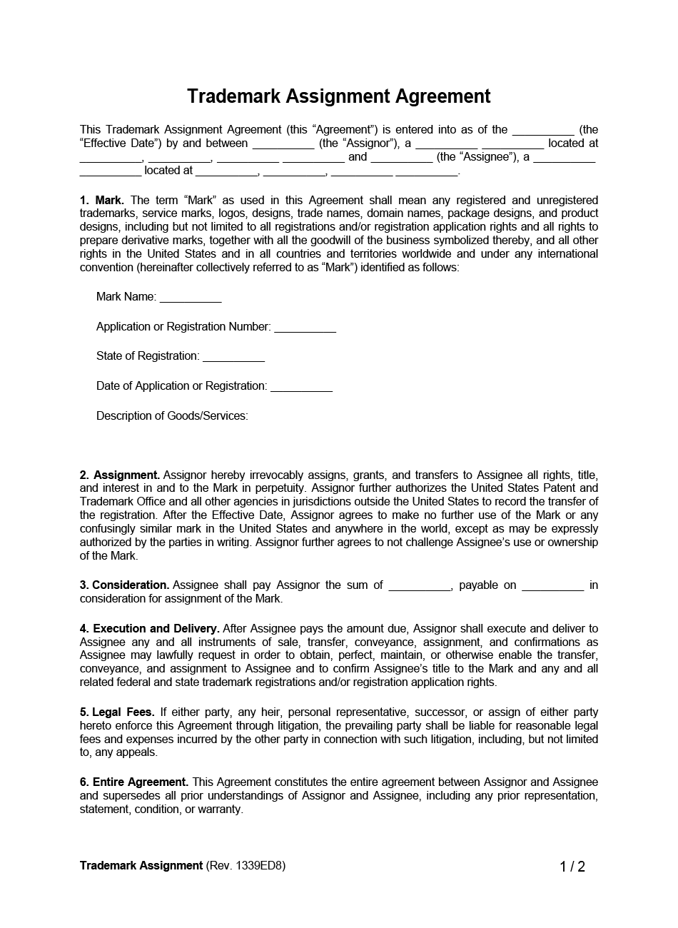 trademark assignment agreement template