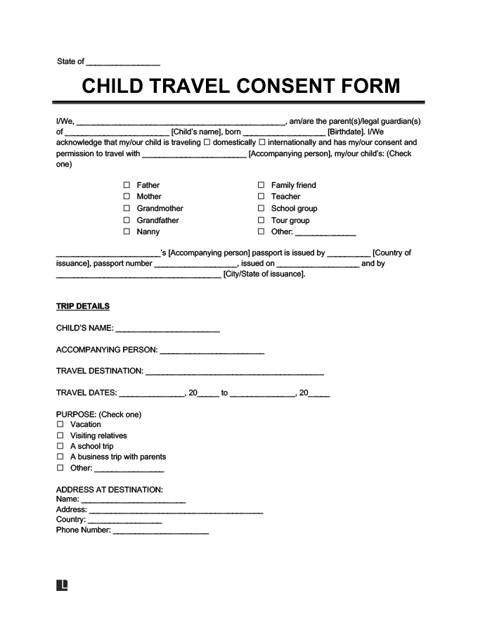 Sample Child Travel Consent Form Legal Templates