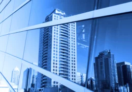 Building reflected in a window