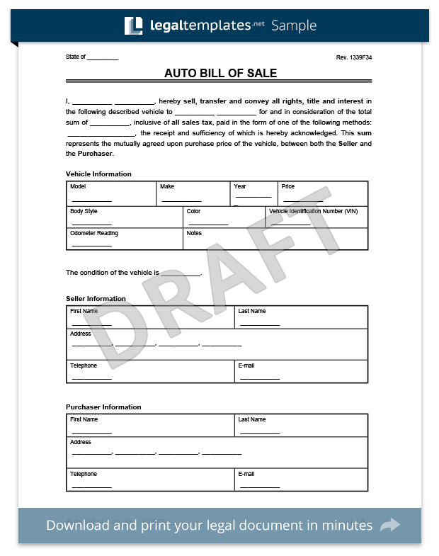 for bill of of automobile form sale a Motorcycle, Auto  Car, Form Sale Printable  of  Free  and Bill