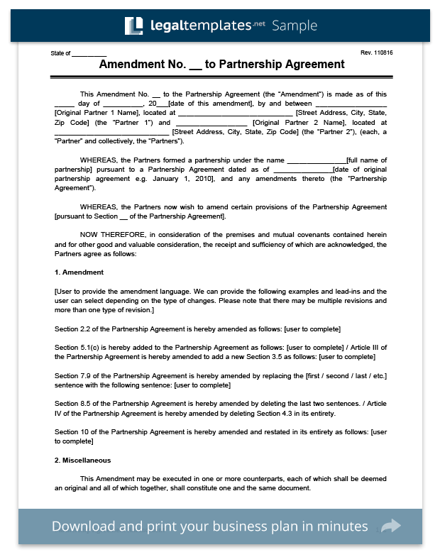 Amendment to Partnership Agreement Template