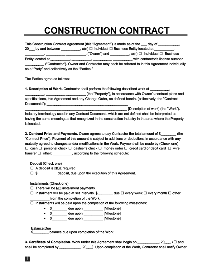 Printable Construction Contract