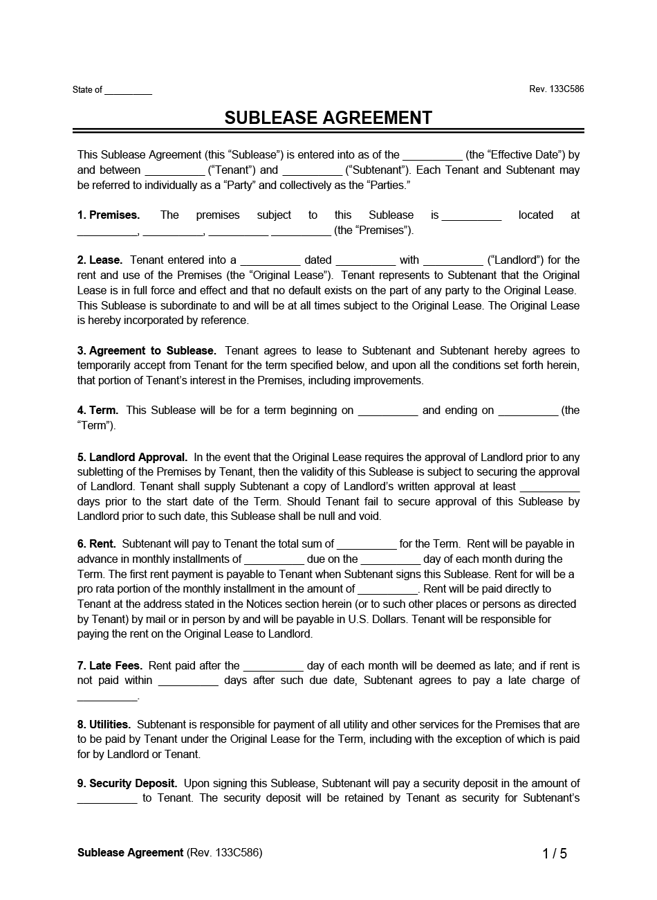 Sublease Agreement example form