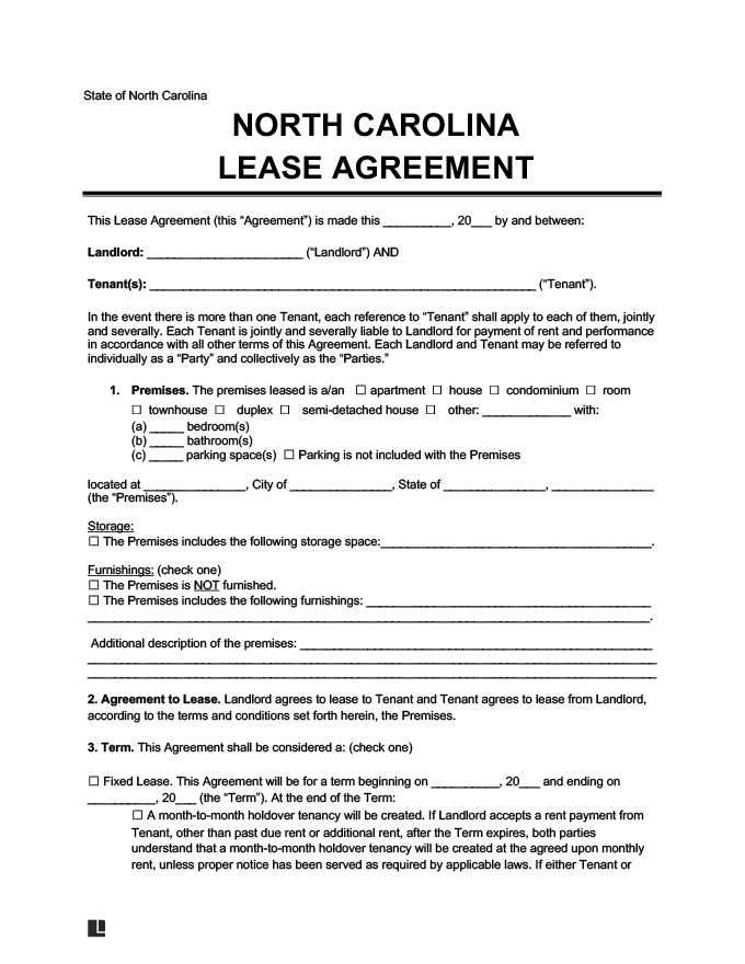 North Carolina Lease Rental Agreement Form Template