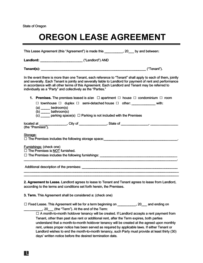 Oregon Lease Rental Agreement Form Template