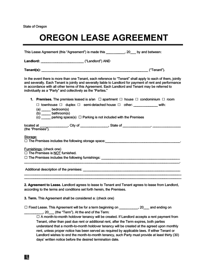 Oregon Rental Agreement Template