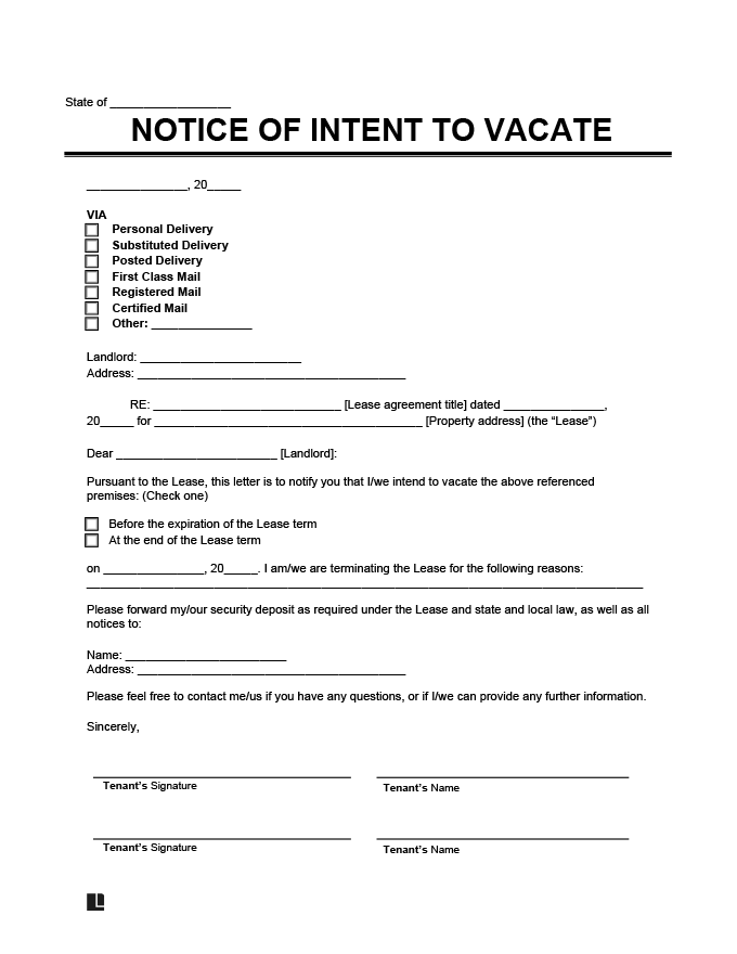 Tenant 60day notice to vacate template