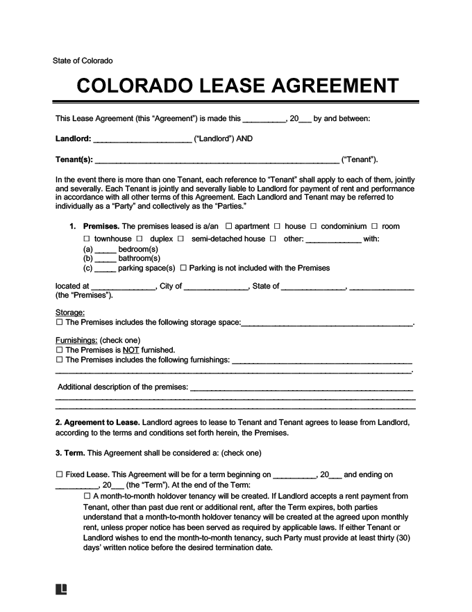 Colorado Residential Lease Rental Agreement Form Sample Free PDF