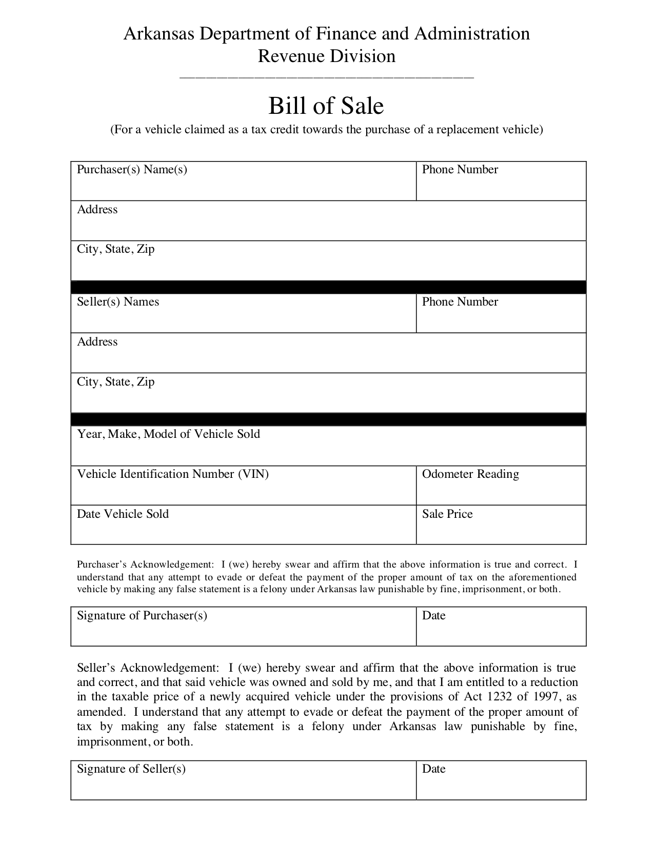 Free Arkansas Bill of Sale Form PDF Template LegalTemplates