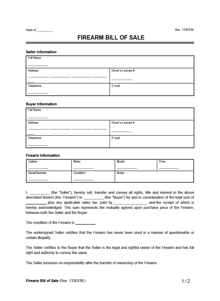 Free Firearm Bill Of Sale Form PDF Word Download Legal Templates