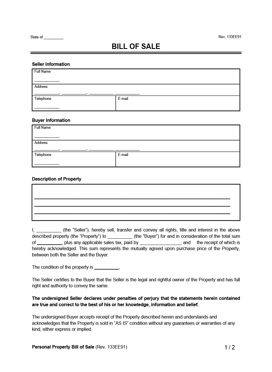 Free Bill of Sale Form  Downloadable Template [PDF & Word] With Car Bill Of Sale Word Template