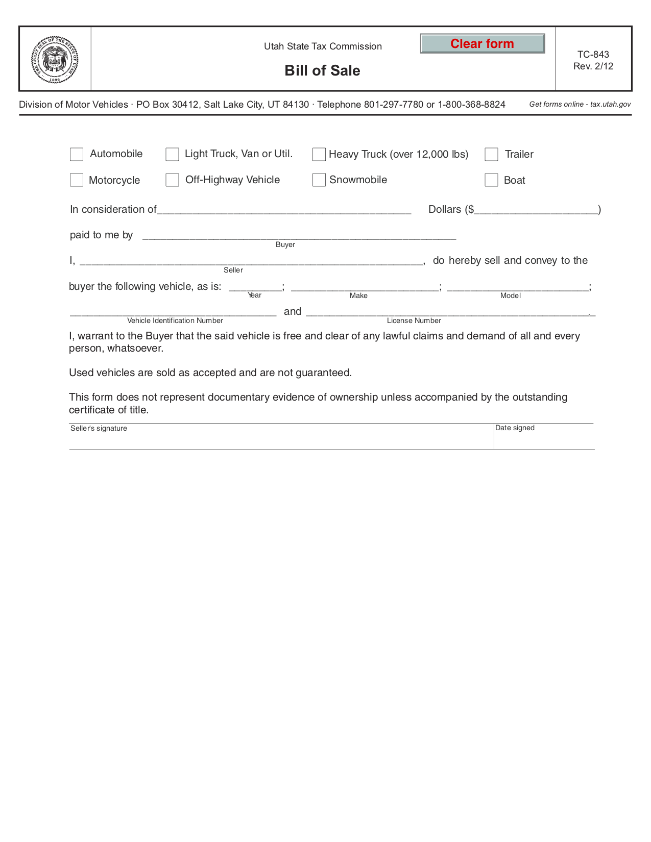 Printable Bill Of Sale Utah