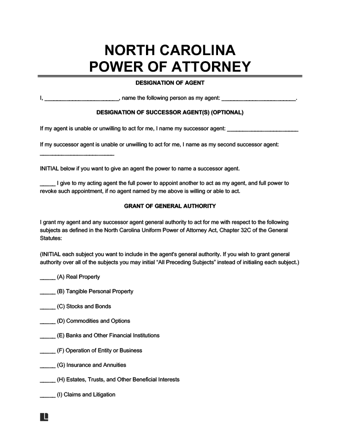 North Caroline Power of Attorney Financial Example Form