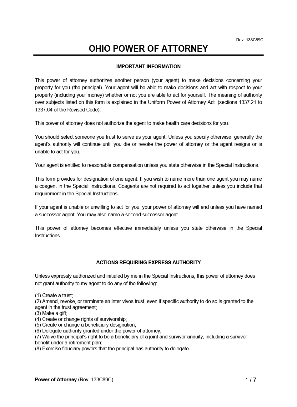 Ohio OH Power of Attorney Financial Example Form