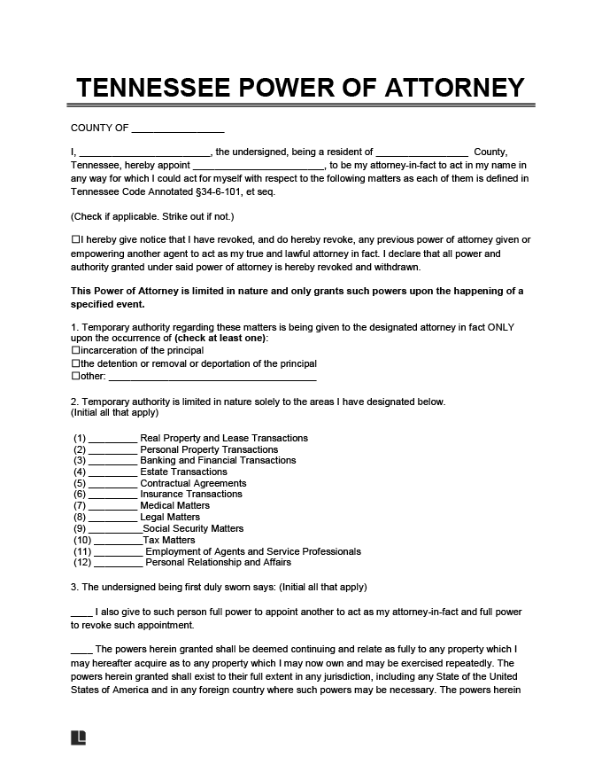 Tennessee Power of Attorney Financial Example Form