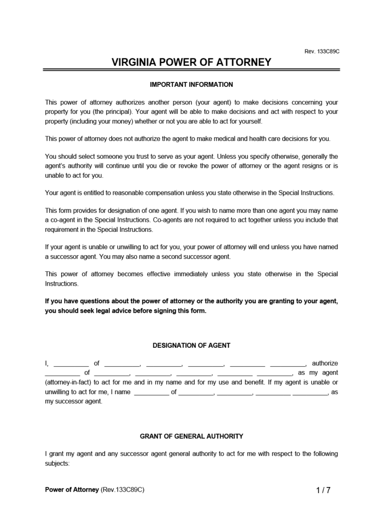 Virginia Power of Attorney Forms | PDF &amp; Word Downloads