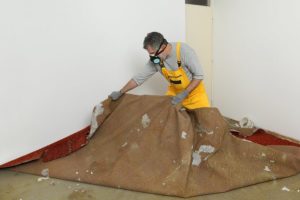 Adult worker with protective mask removing old carpet in room