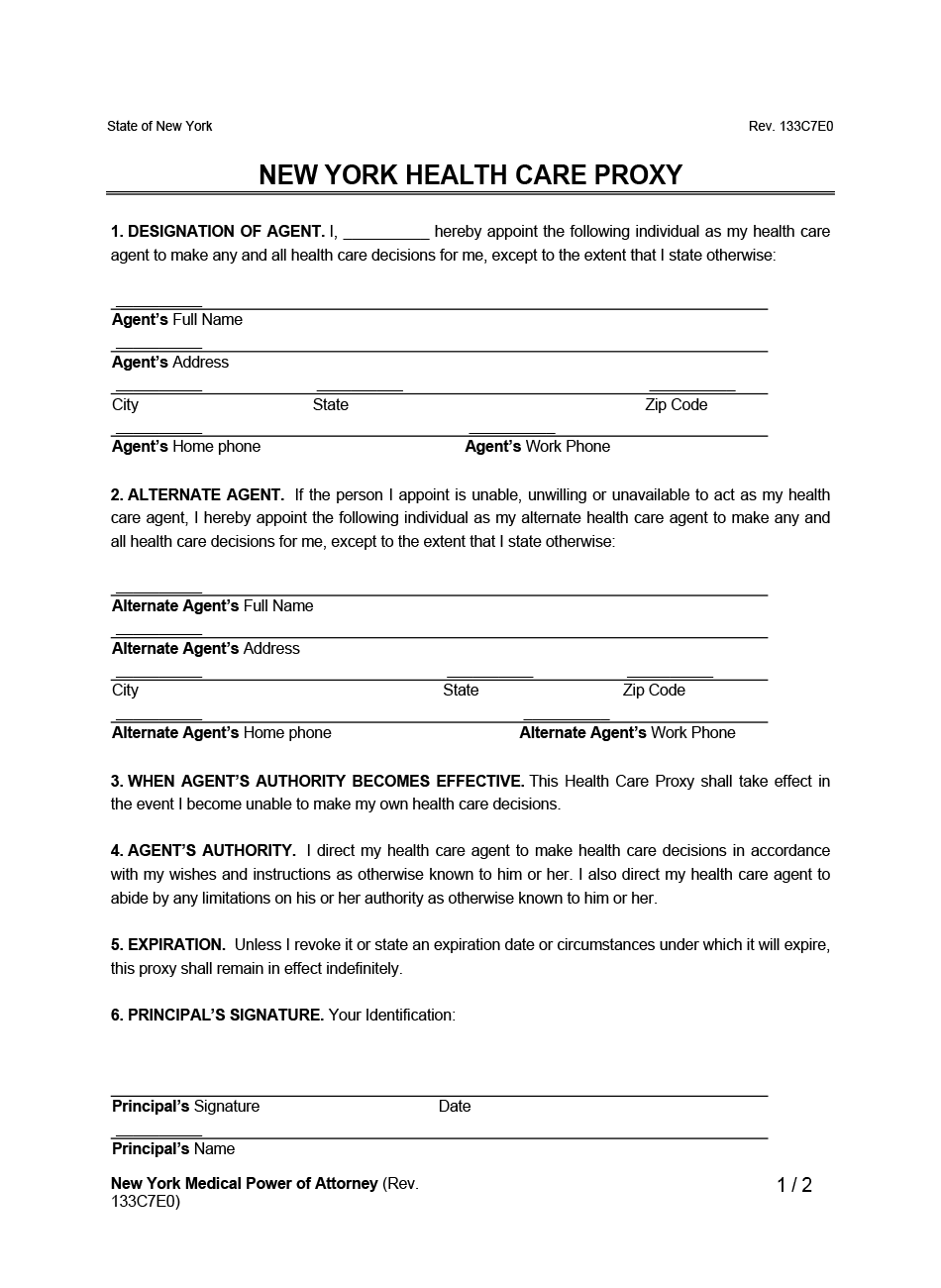 New York medical power of attorney example form