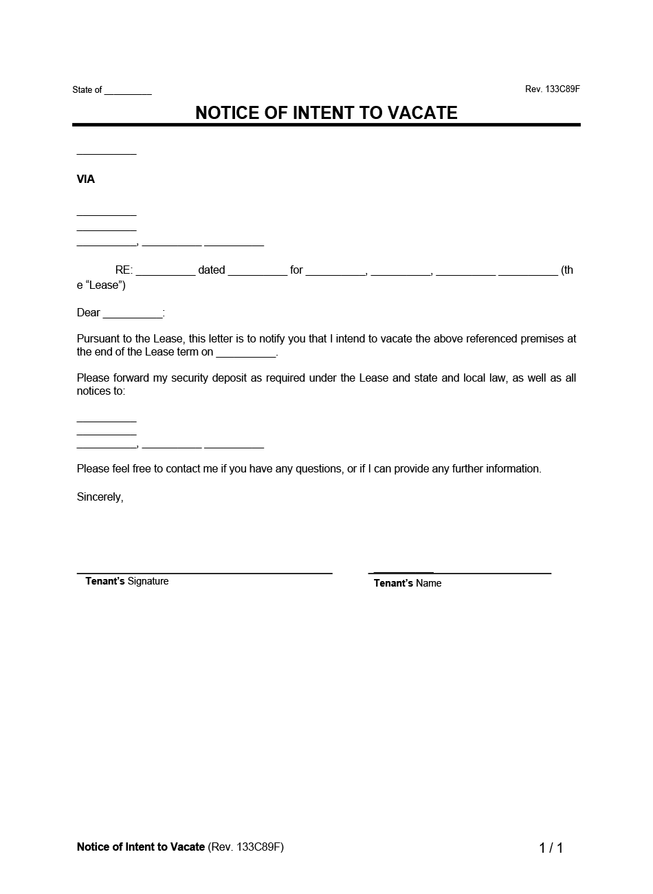 Notice Of Intent To Vacate Letter Sample Create A Free Template Notice Of Intent To Vacate Example Form