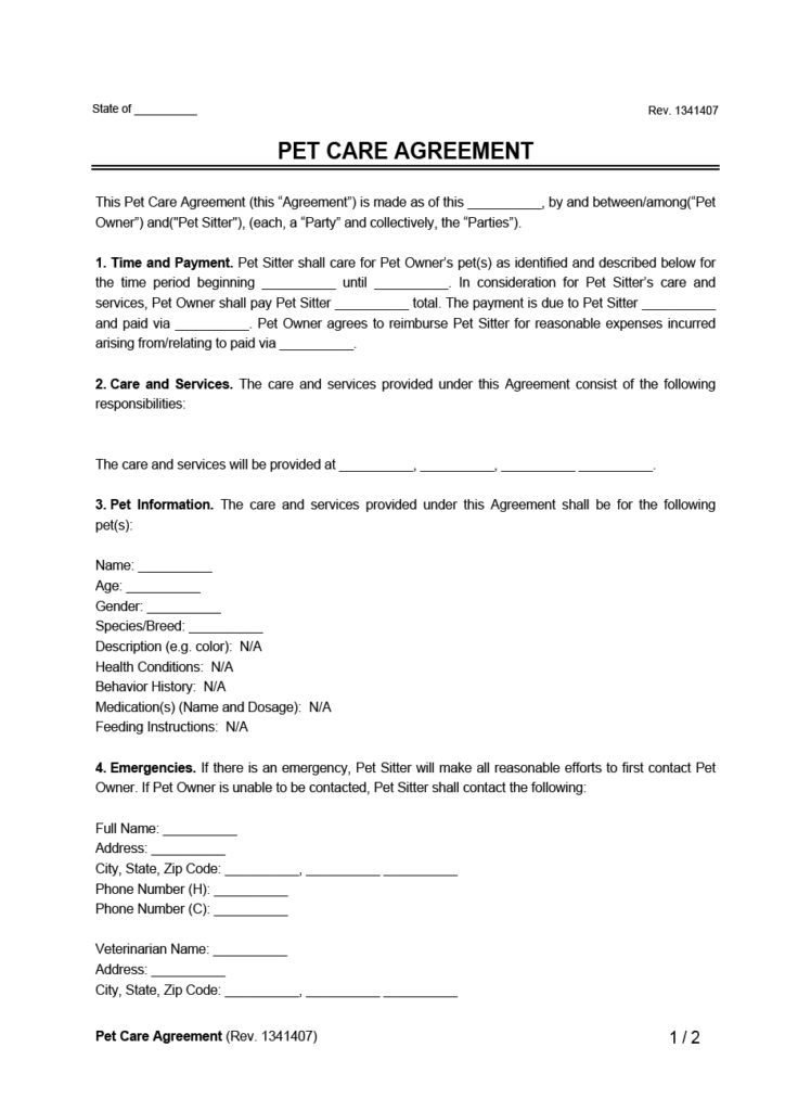 Pet Care Agreement | Create a Free Pet Care Agreement Form