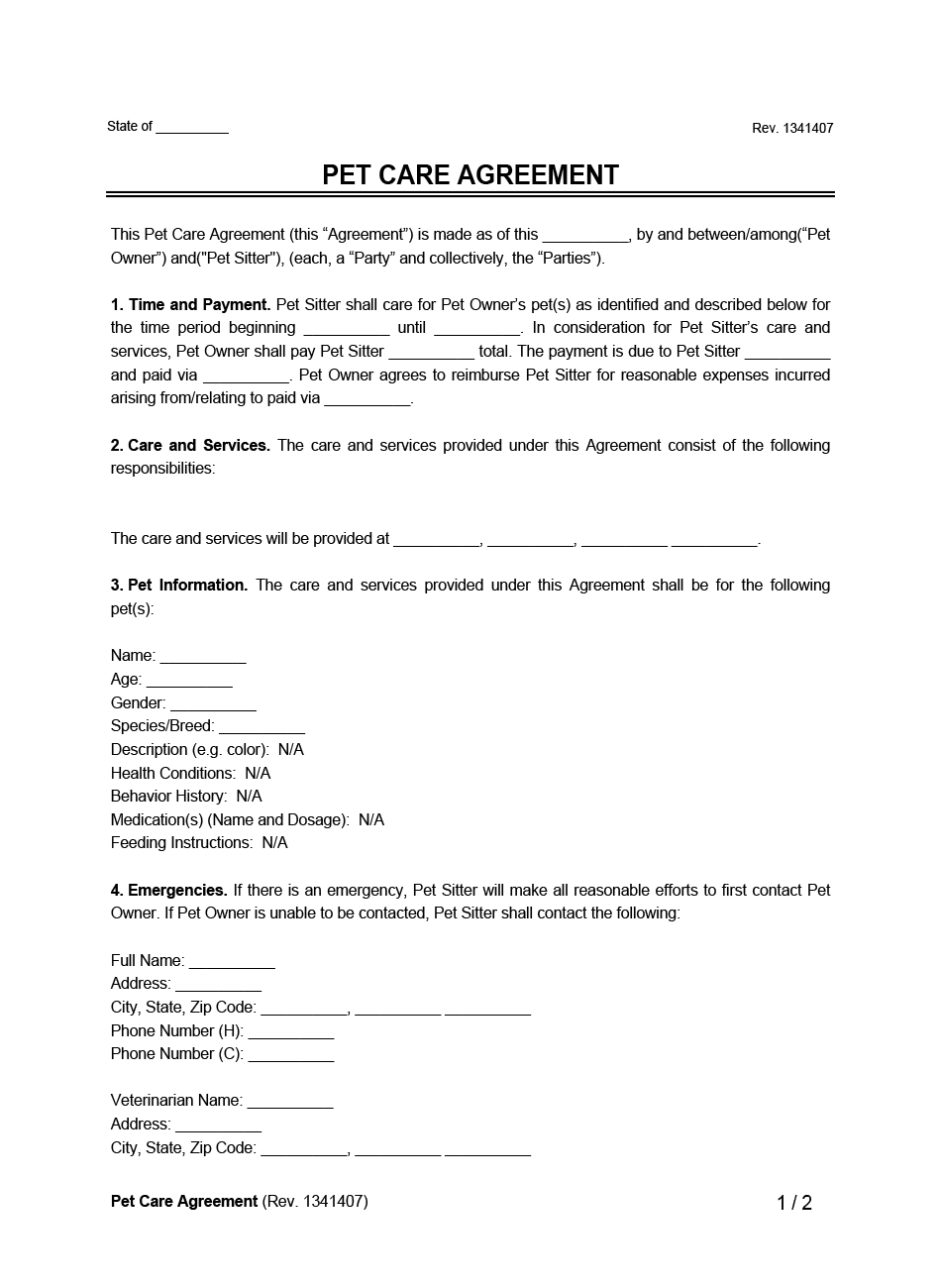 Pet Care Agreement Example Form