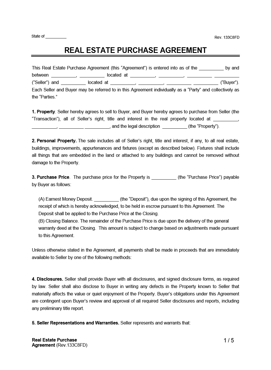 Real Estate Purchase Agreement Example Form