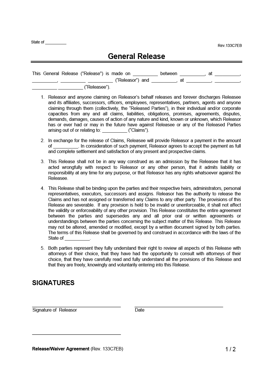 Release Waiver Agreement example form
