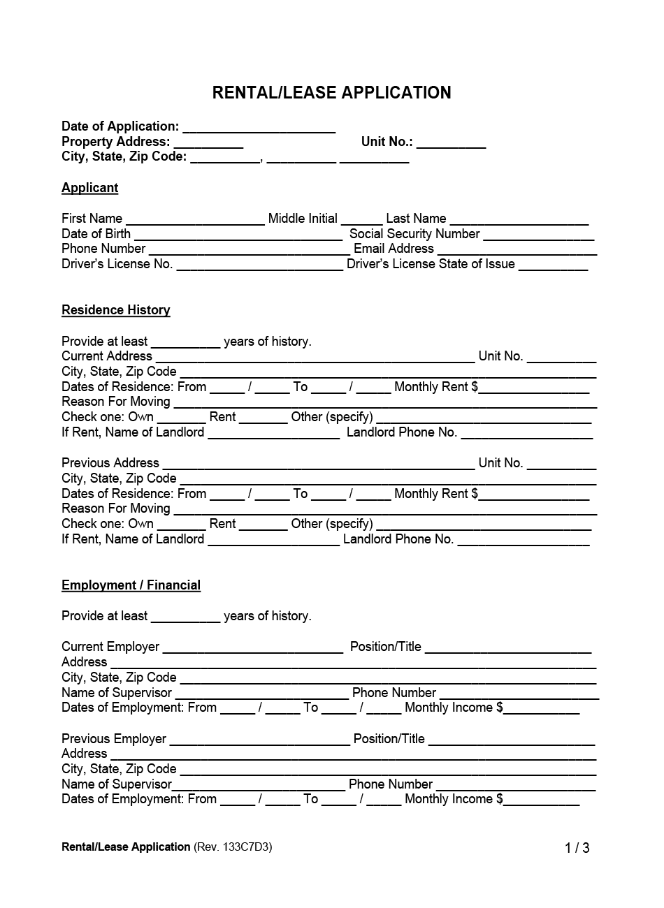 Rental Lease Application Example Form