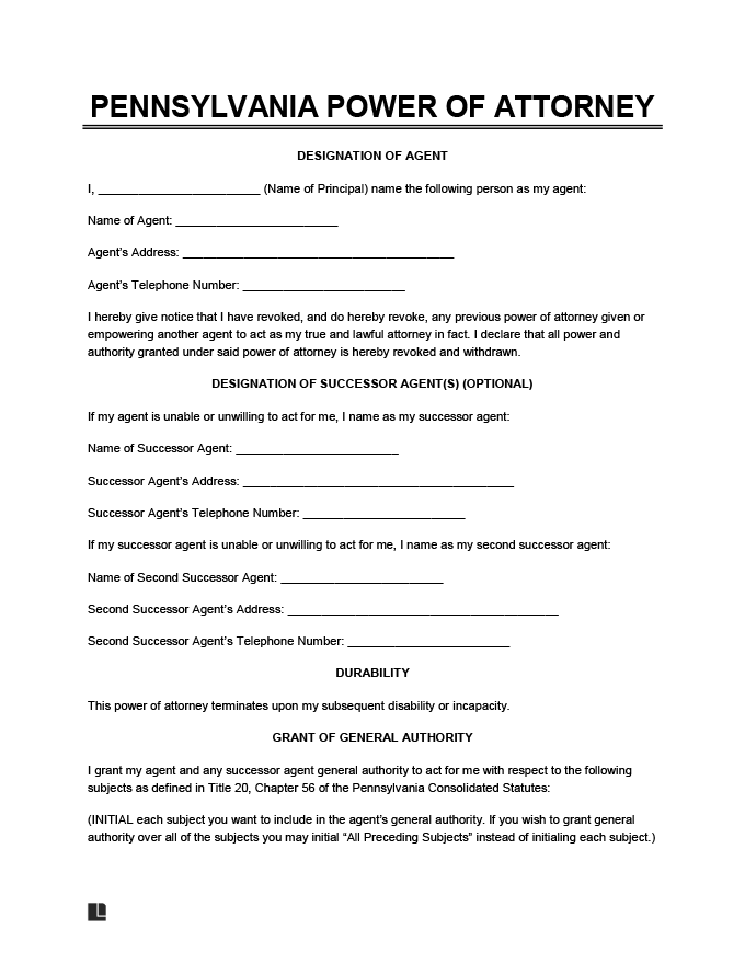 Power Of Attorney Printable Form Pennsylvania Word Printable Forms