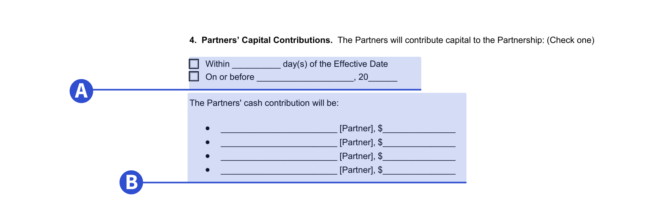 An example of where to include partners' capital contributions in our partnership agreement template.