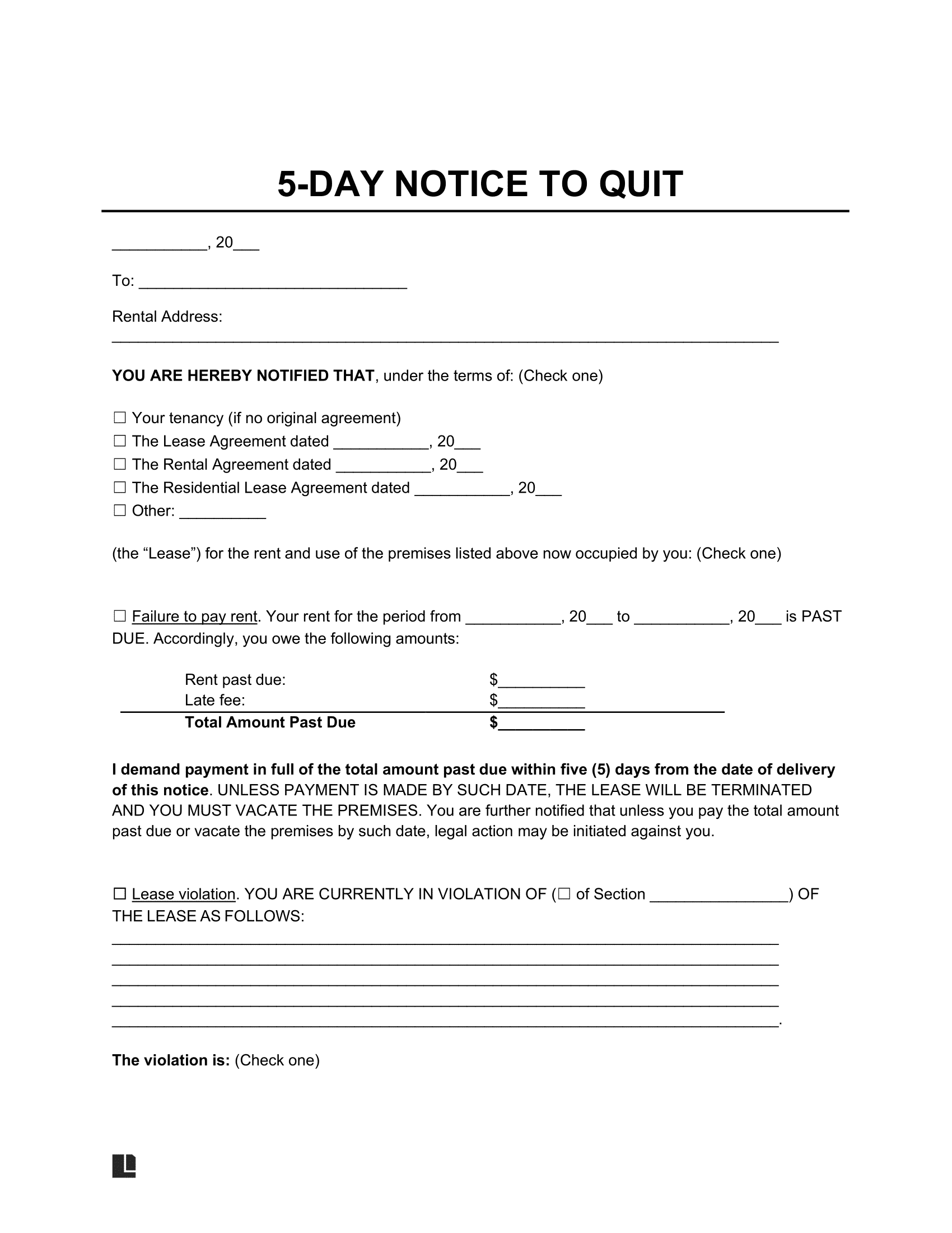 5-Day Eviction Notice to Quit Template